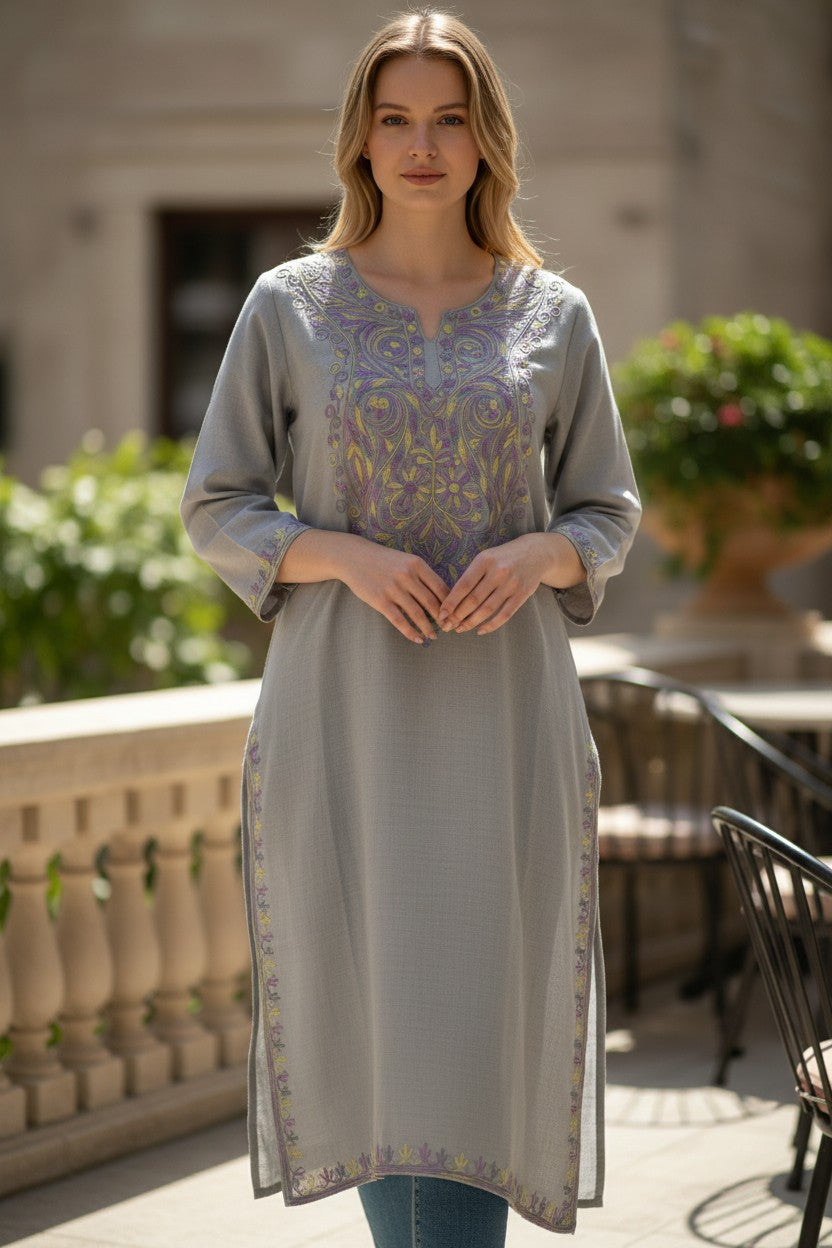 Kashmiri Kurti for Women Cotton Kurti with Aari Embroidery - S | Grey
