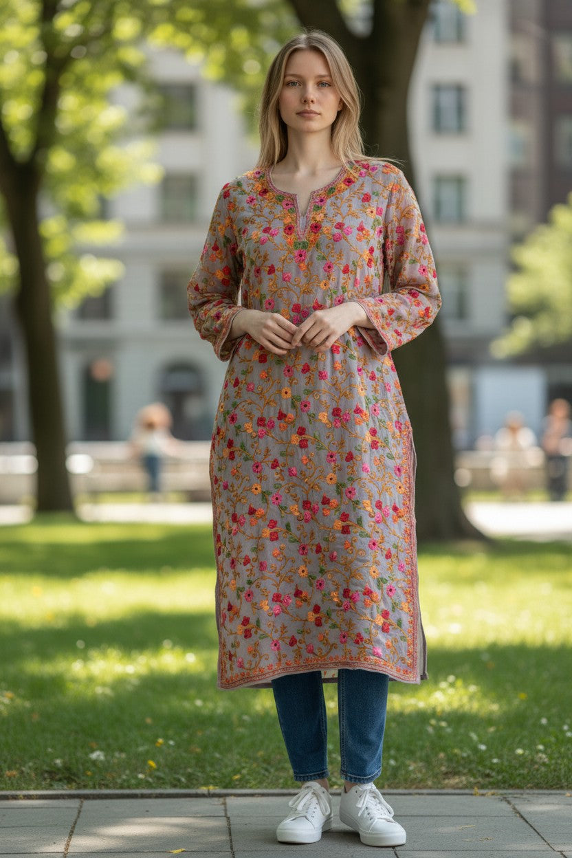 Kashmiri Kurti for Women | Georgette Kurti with Aari Embroidery - Pink