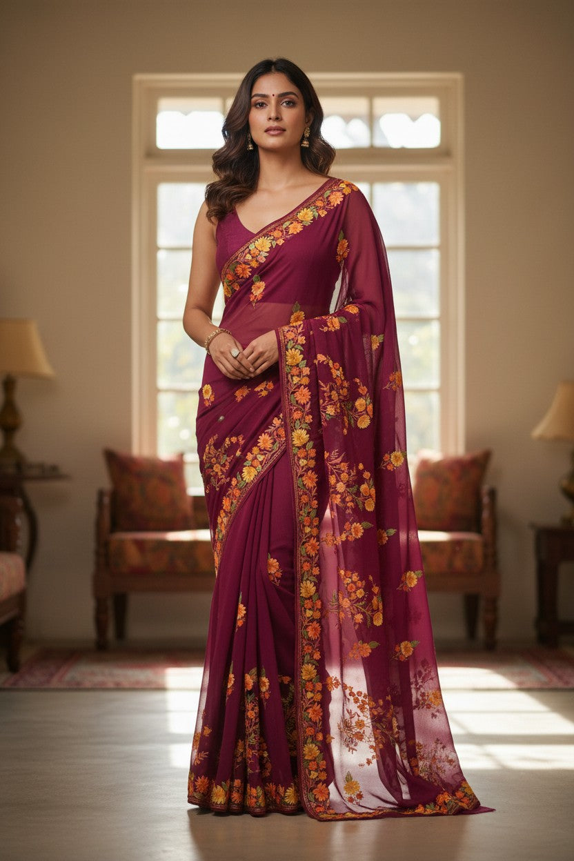 Kashmiri Sarees with Aari Embroidery | Georgette Saree with Unstitched Blouse Pieces. - Maroon