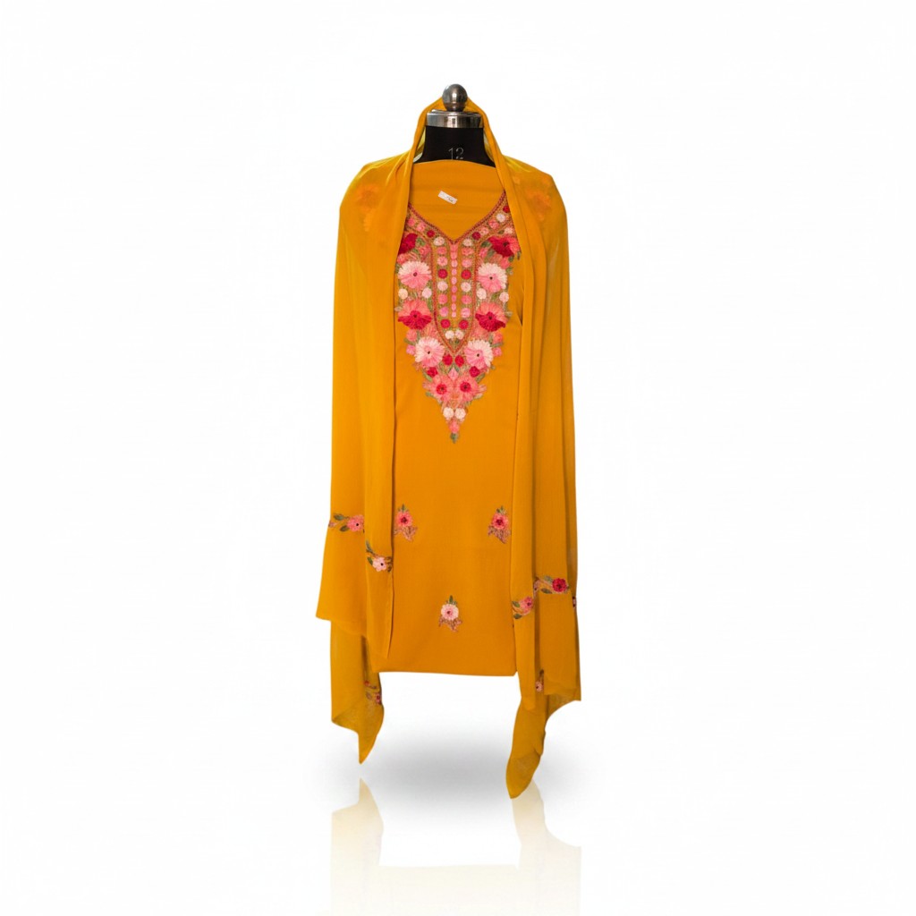 Kashmiri Georgette Suits For Women With Embroidered Dupatta - Mustard