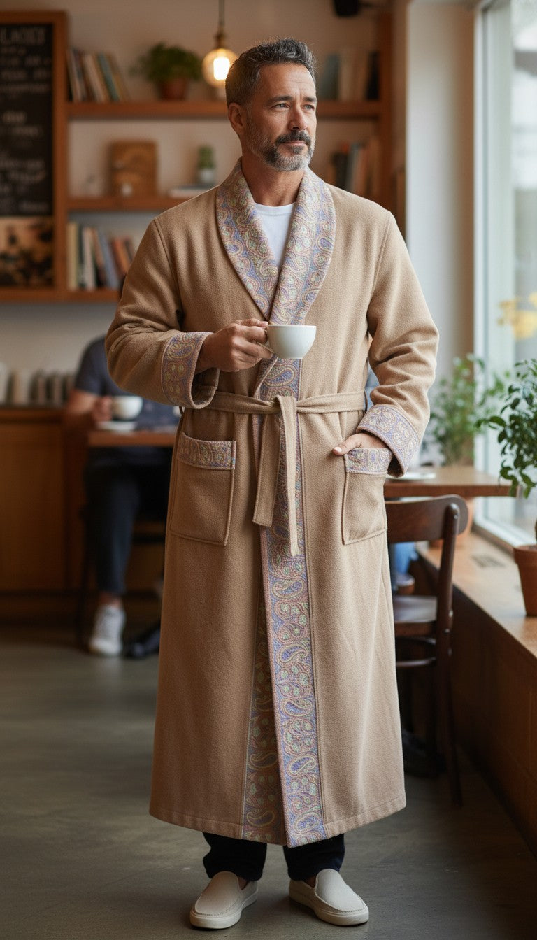 Men Woolen Nightgown Dressing Gown Sleep And Lounge Wear With Kashmiri Embroidery Free Size - Pink