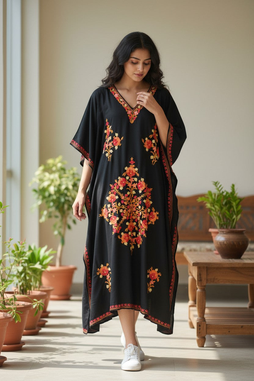 Kashmiri Kaftan For Women Nightgown Maxi Crepe Kaftan with Aari Embroidery Free Size- Blue
