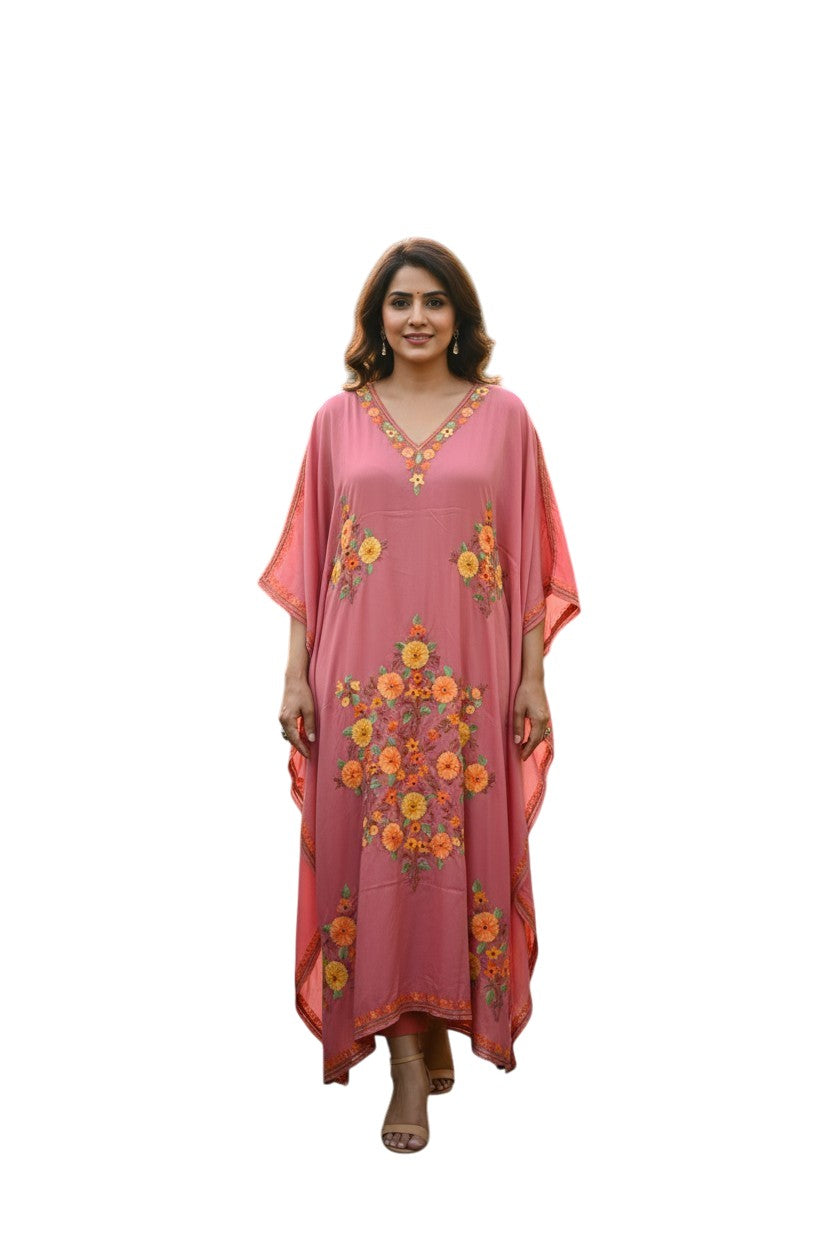 Kashmiri Kaftan For Women Nightgown Maxi Crepe Kaftan with Aari Embroidery Free Size- Pink