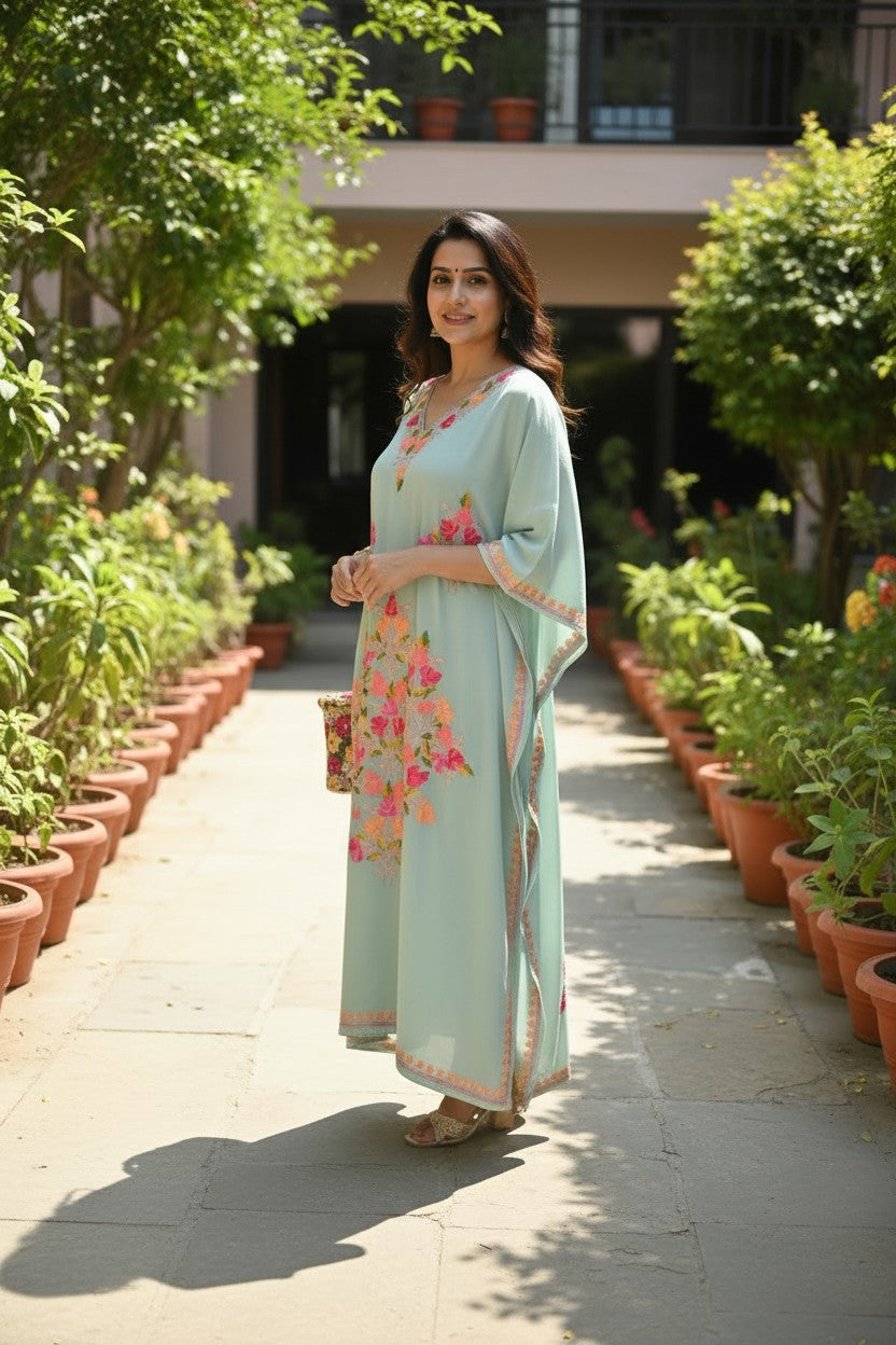 Kashmiri Kaftan For Women Nightgown Maxi Crepe Kaftan with Aari Embroidery Free Size- Sky Blu