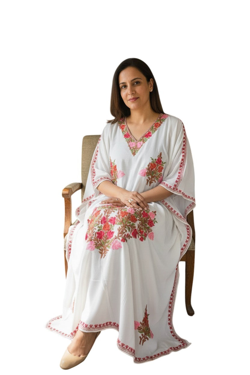 Kashmiri Kaftan For Women Nightgown Maxi Crepe Kaftan with Aari Embroidery Free Size- White2