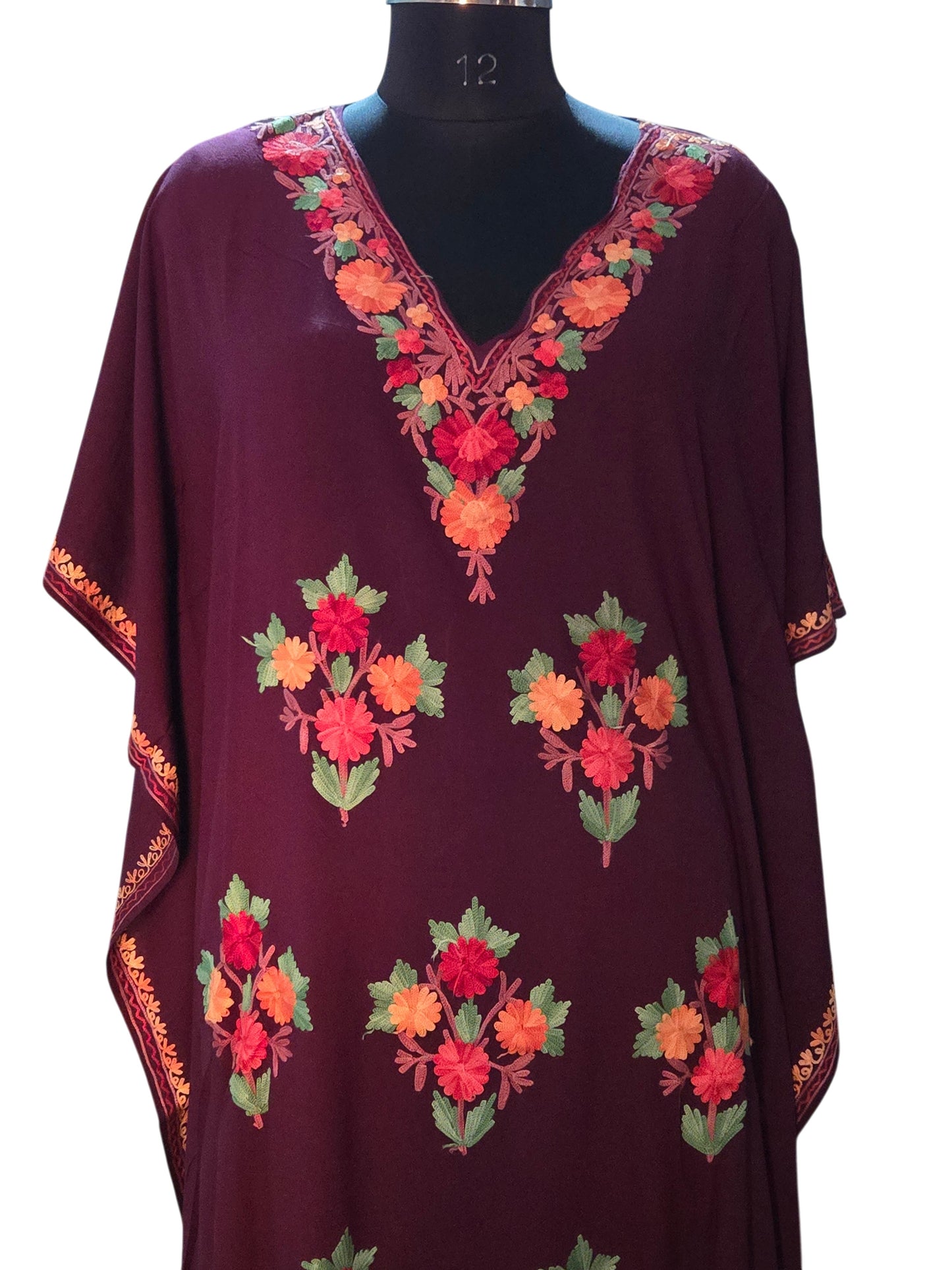 Kashmiri Cotton Kaftan For Women with Aari Embroidery | Rayon Cotton Hand Embroidered Kaftan Dress - Choclate