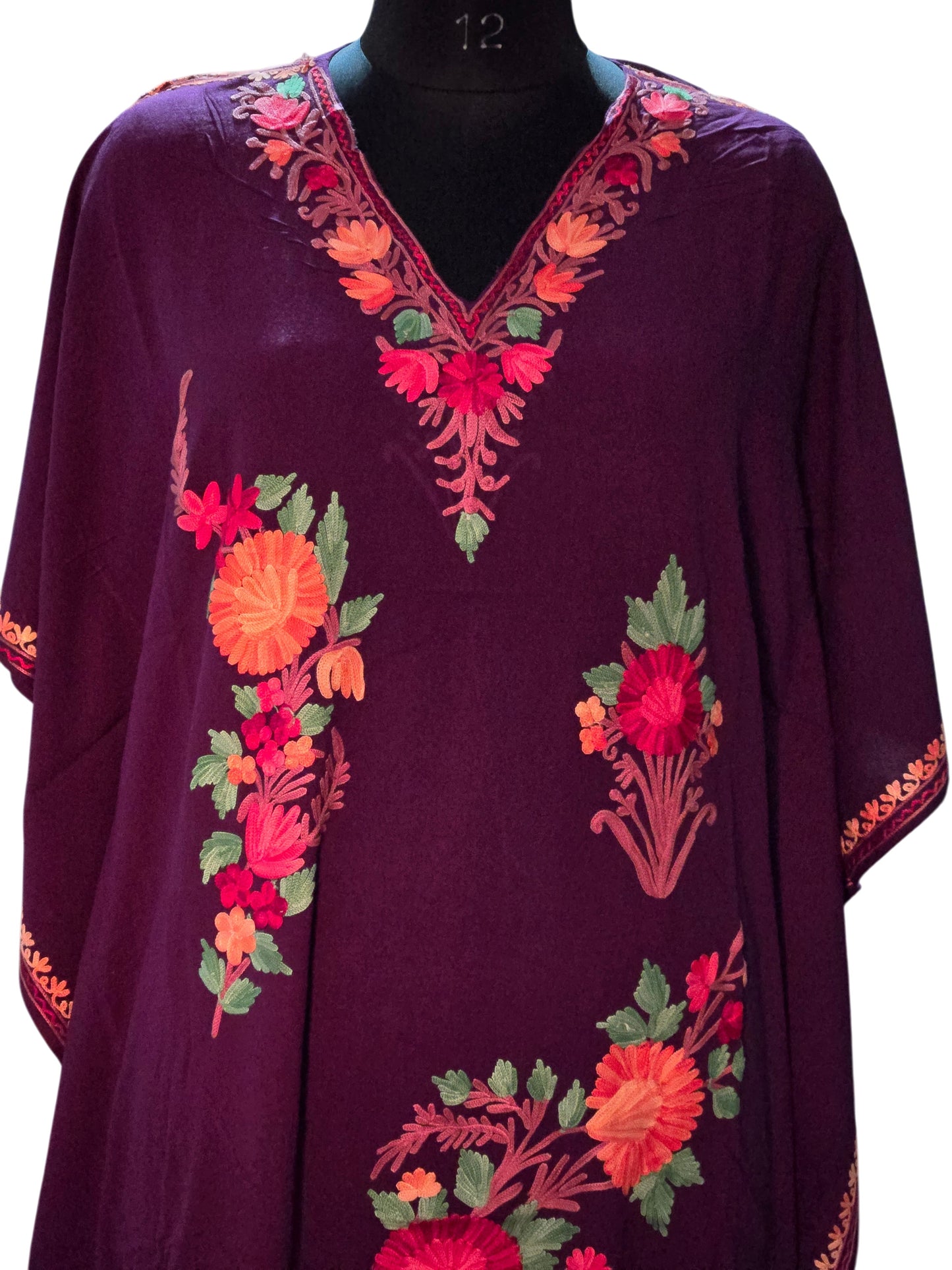 Kashmiri Cotton Kaftan For Women with Aari Embroidery | Rayon Cotton Hand Embroidered Kaftan Dress - Purple