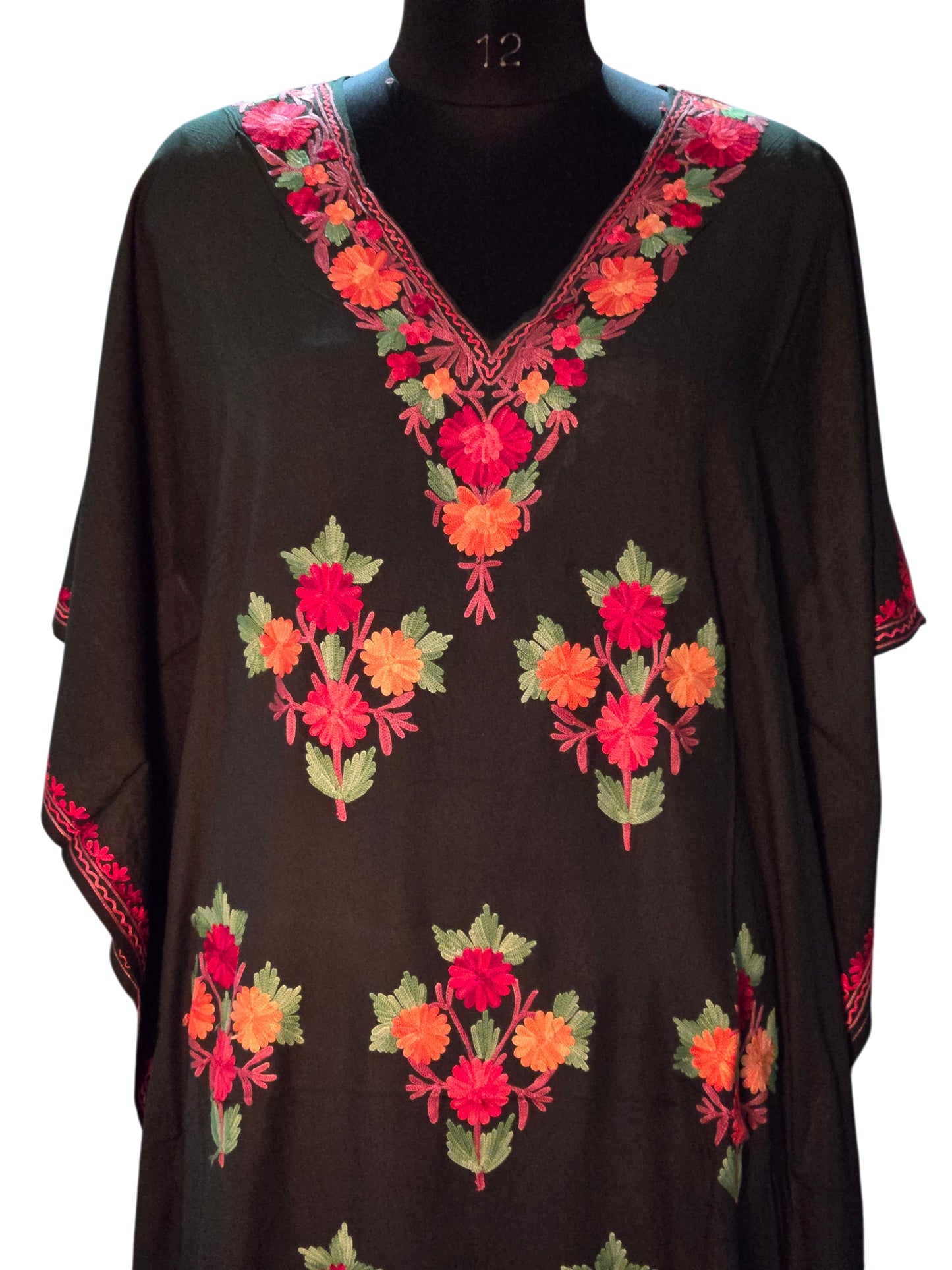 Kashmiri Cotton Kaftan For Women with Aari Embroidery | Rayon Cotton Hand Embroidered Kaftan Dress - Dark Green