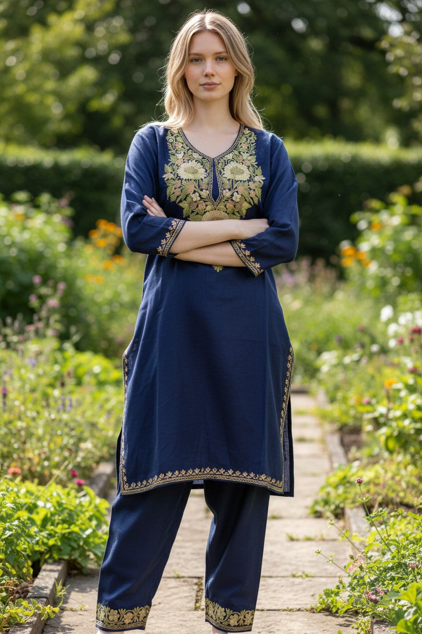 Kashmiri Cotton Co ord set Kurta Set for women (M) | Blue-1
