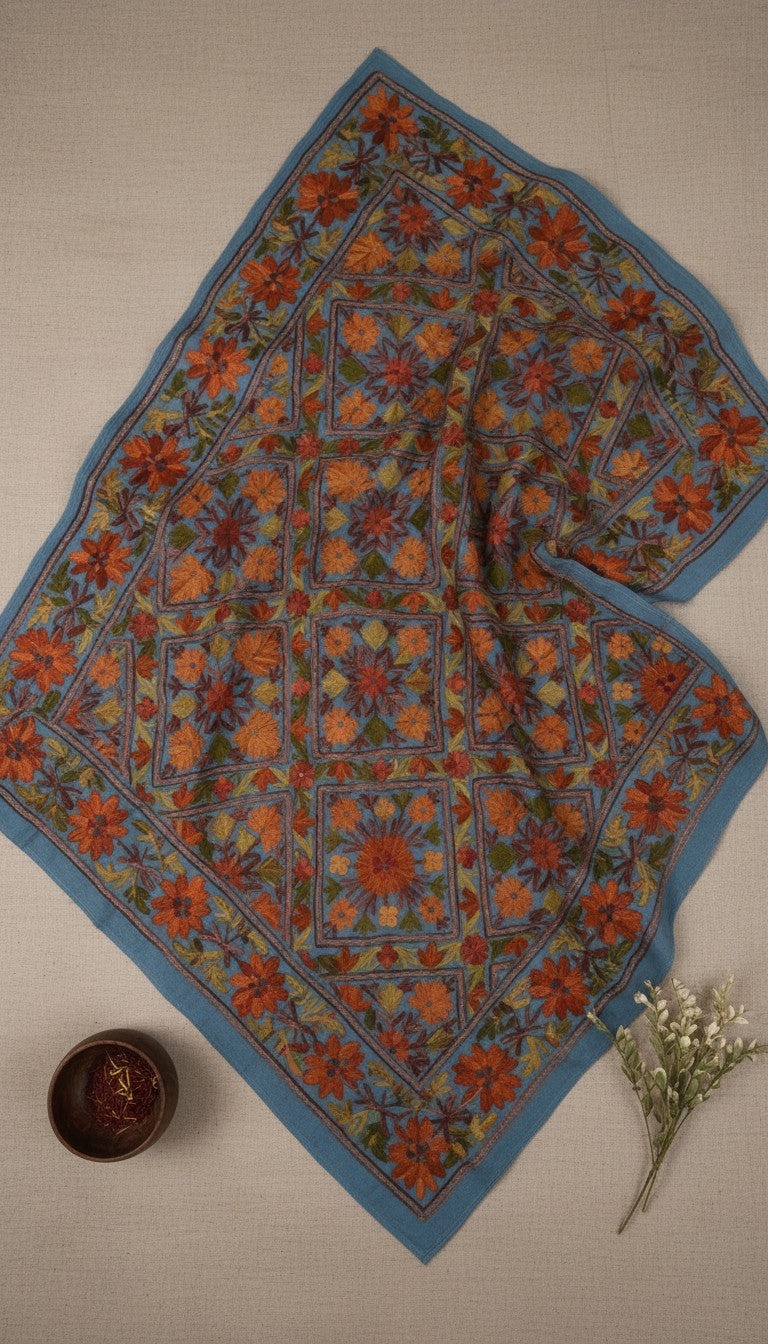 Kashmiri Woolen Stole with Aari Embroidery | Elegant Winter Wrap | Traditional Ethnic Wear for Women - Sky Blue-3