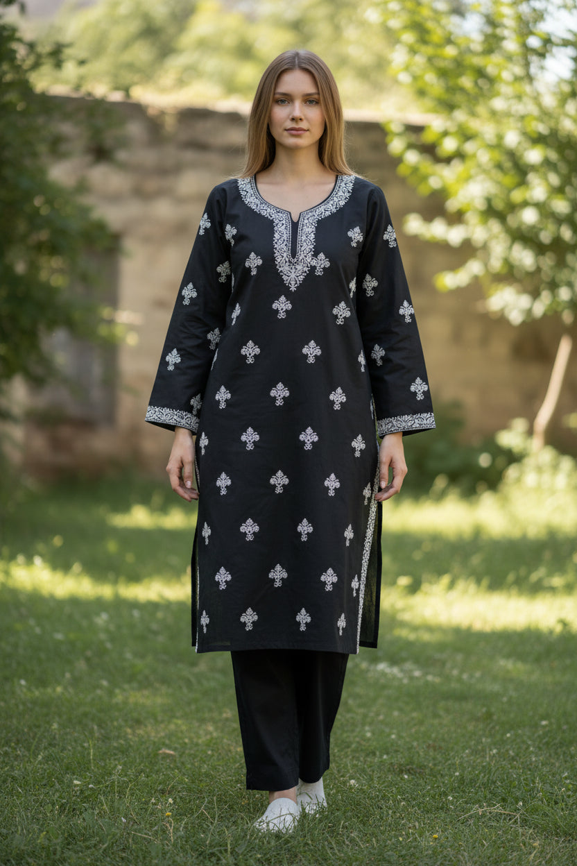 Women Cotton Suits with Kashmiri Hand Embroidery Two Piece Suit - Black