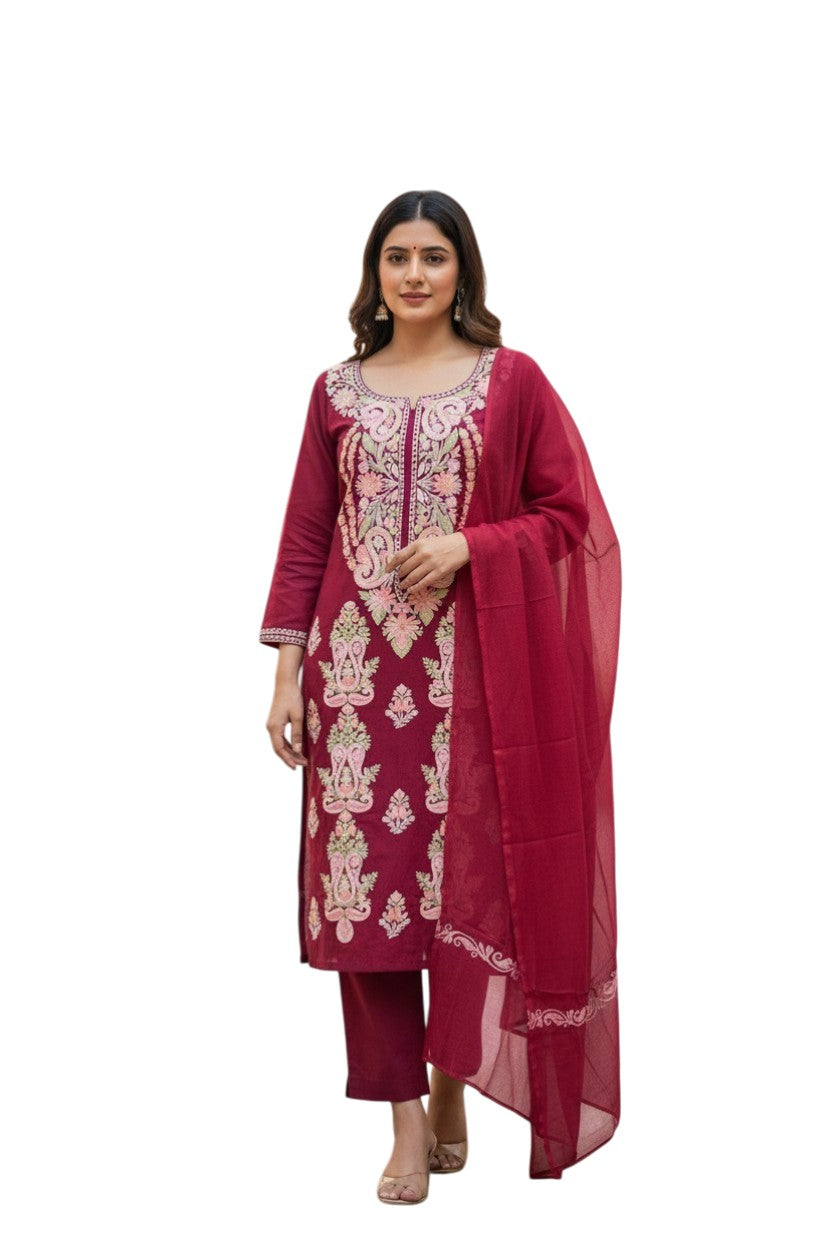 Women Cotton Suits with Kashmiri Embroidery Three Piece Suit - Tomato Red