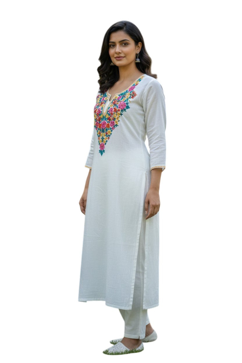 Women Cotton Suits with Hand Kashmiri Embroidery Unstitched - White