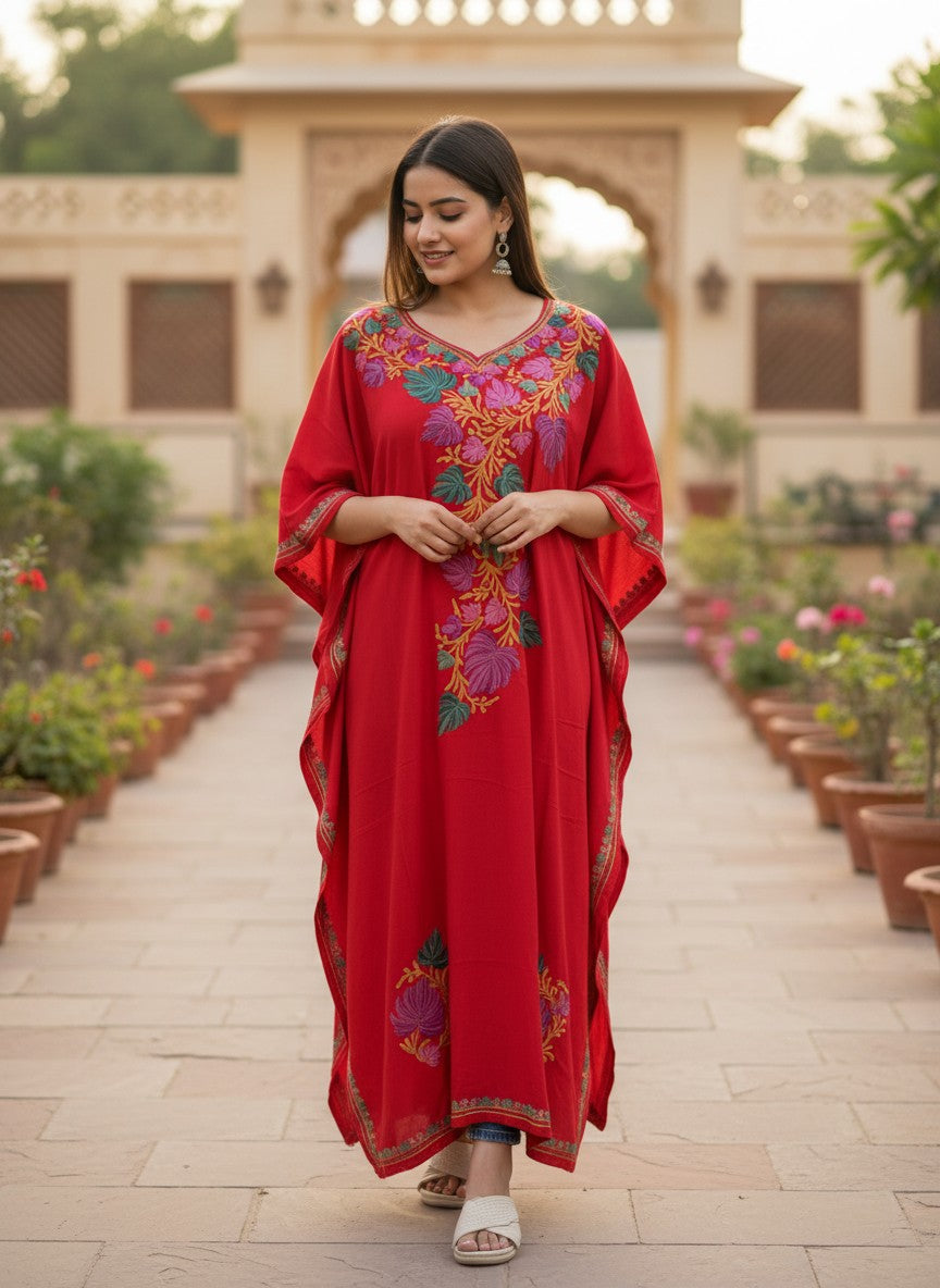 Kashmir Gallery Women Kashmiri Kaftan Nightgown Maxi with Kashmiri Charming Embroidery Free Size