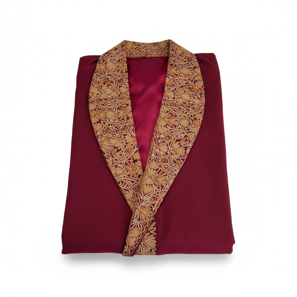 Men Woolen Nightgown Dressing Gown Sleep And Lounge Wear With Kashmiri Embroidery Free Size -Maroon