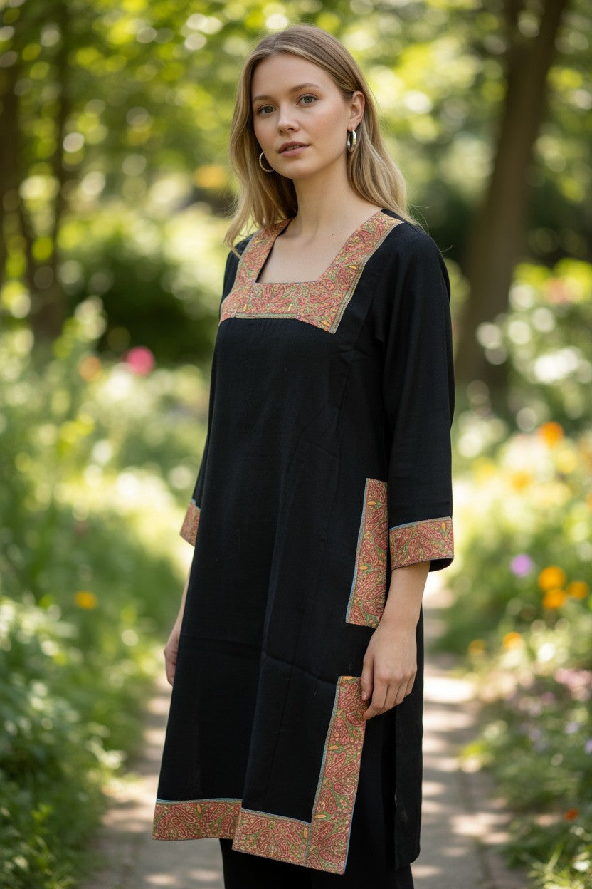 Kashmiri Woolen Pheran with Traditional Embroidery - Black