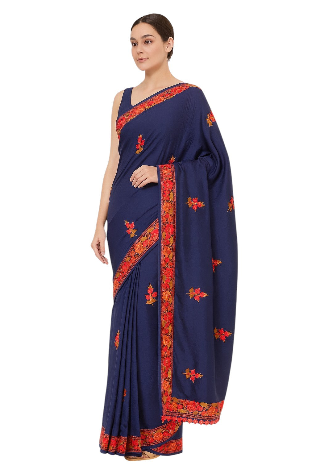 Women's Silk Sarees Embroidered with Kashmiri Aari work | Stylish Saree with Unstitched Blouse Pieces-Blue