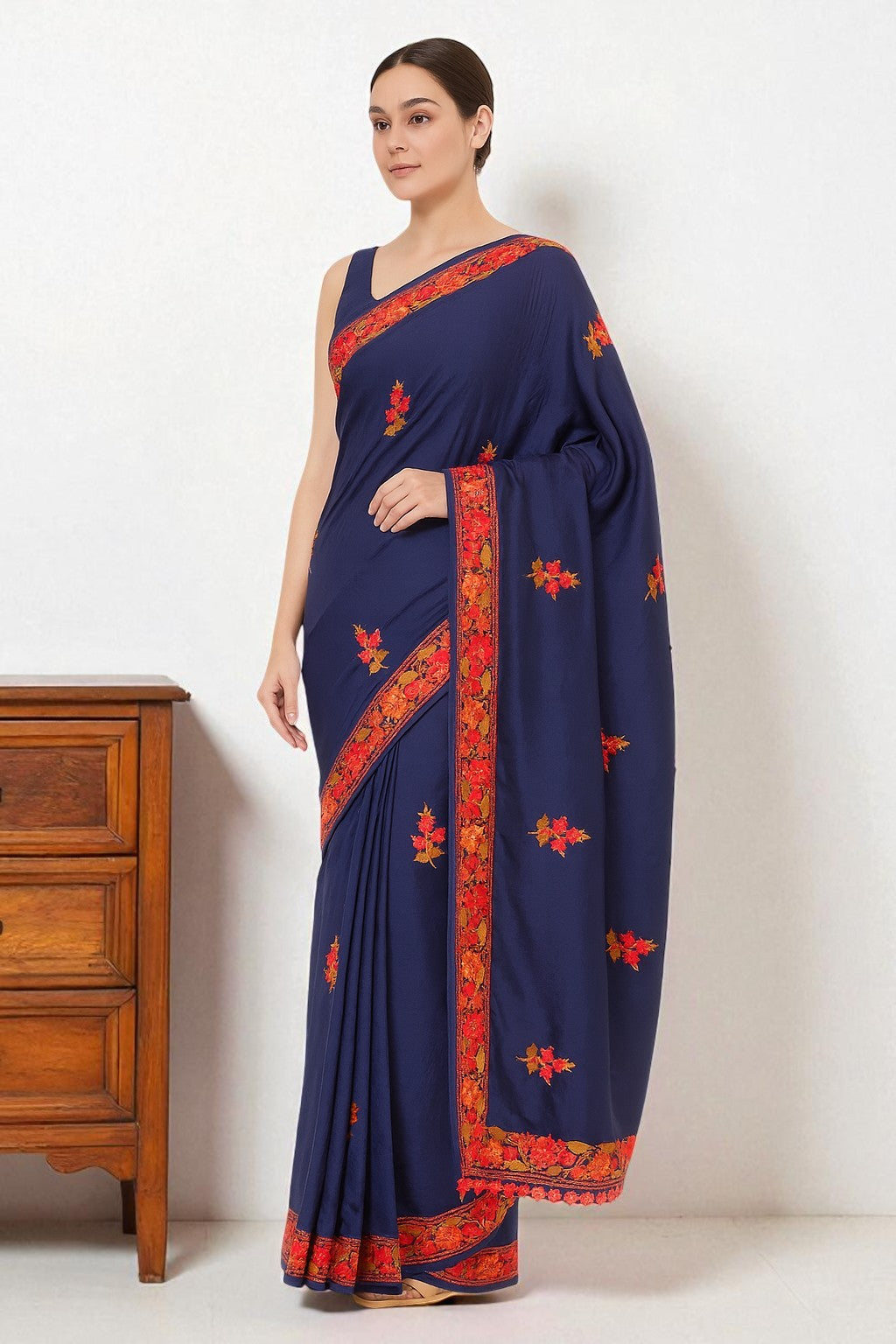 Women's Silk Sarees Embroidered with Kashmiri Aari work | Stylish Saree with Unstitched Blouse Pieces-Blue