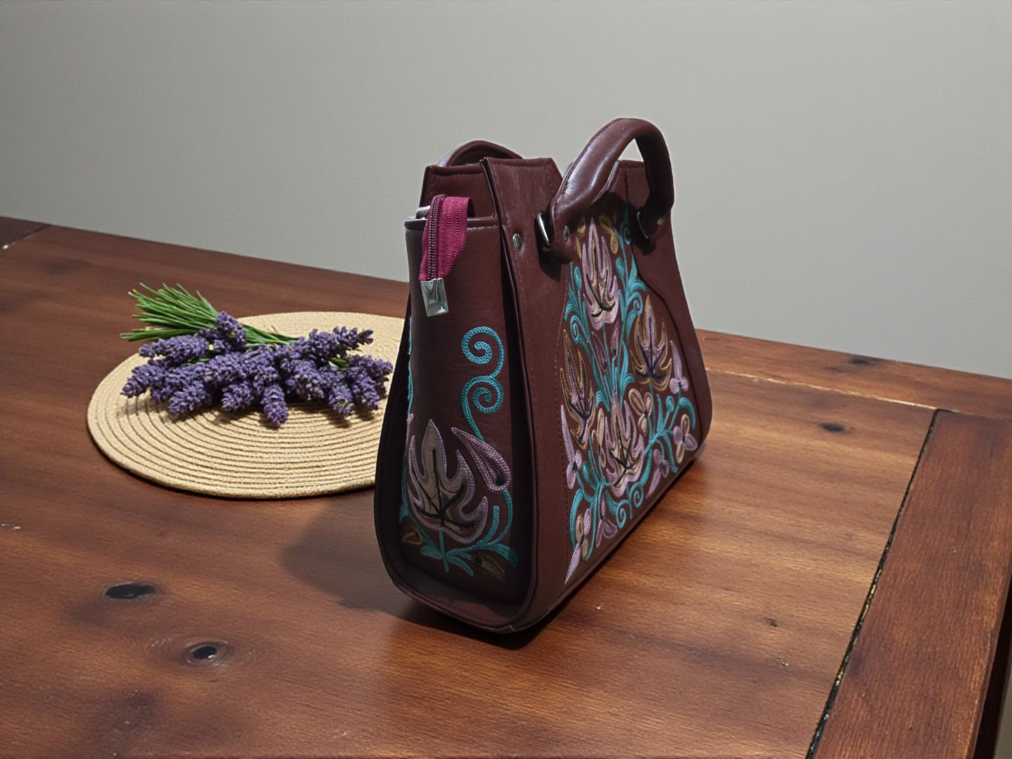 Women Leather Bag With Strap With Gorgeous Kashmiri Embroidery - Brown