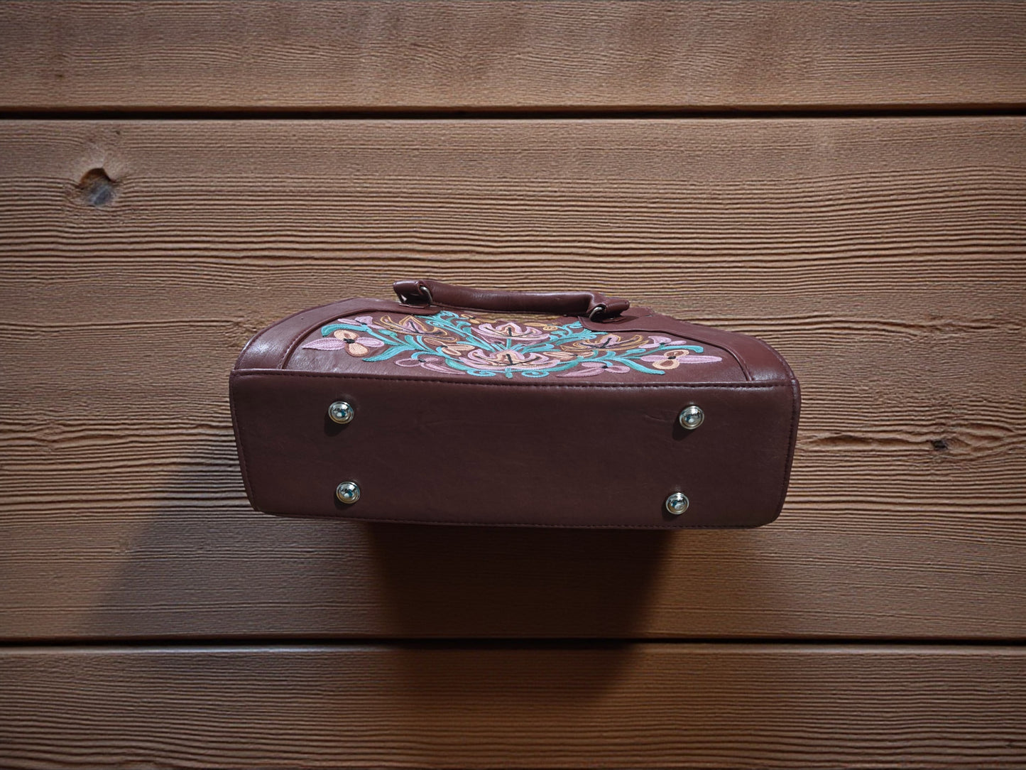 Women Leather Bag With Strap With Gorgeous Kashmiri Embroidery - Brown