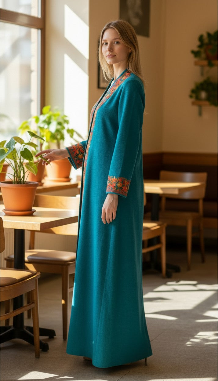 Women Woolen Nightgown Dressing Gown Maxi with Kashmiri Embroidery Free Size (Pure Wool, Turquoise)