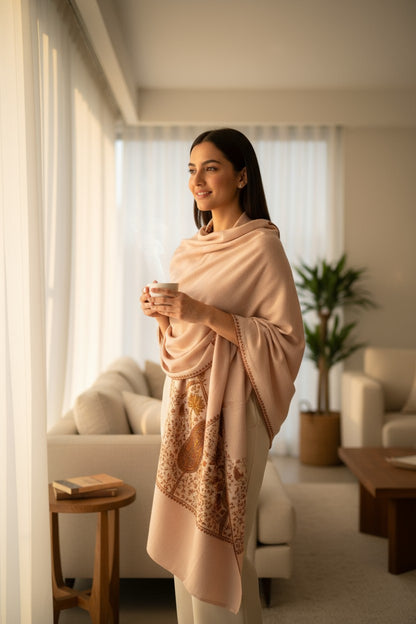 Kashmiri Woolen shawl with Embroidery | Elegant Winter Wrap | Traditional Ethnic Wear for Women - Pink