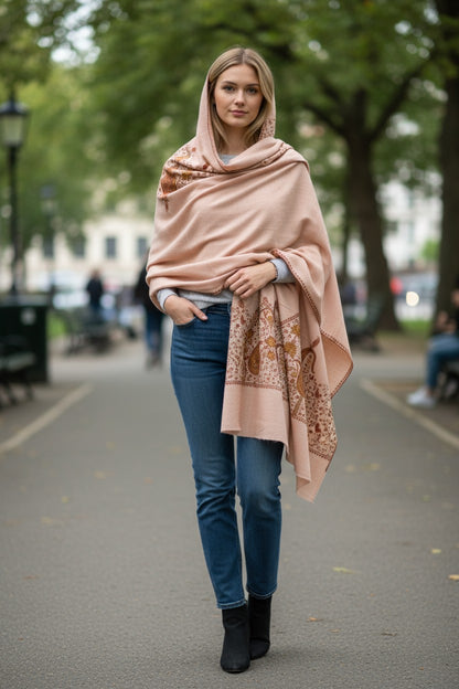 Kashmiri Woolen shawl with Embroidery | Elegant Winter Wrap | Traditional Ethnic Wear for Women - Pink