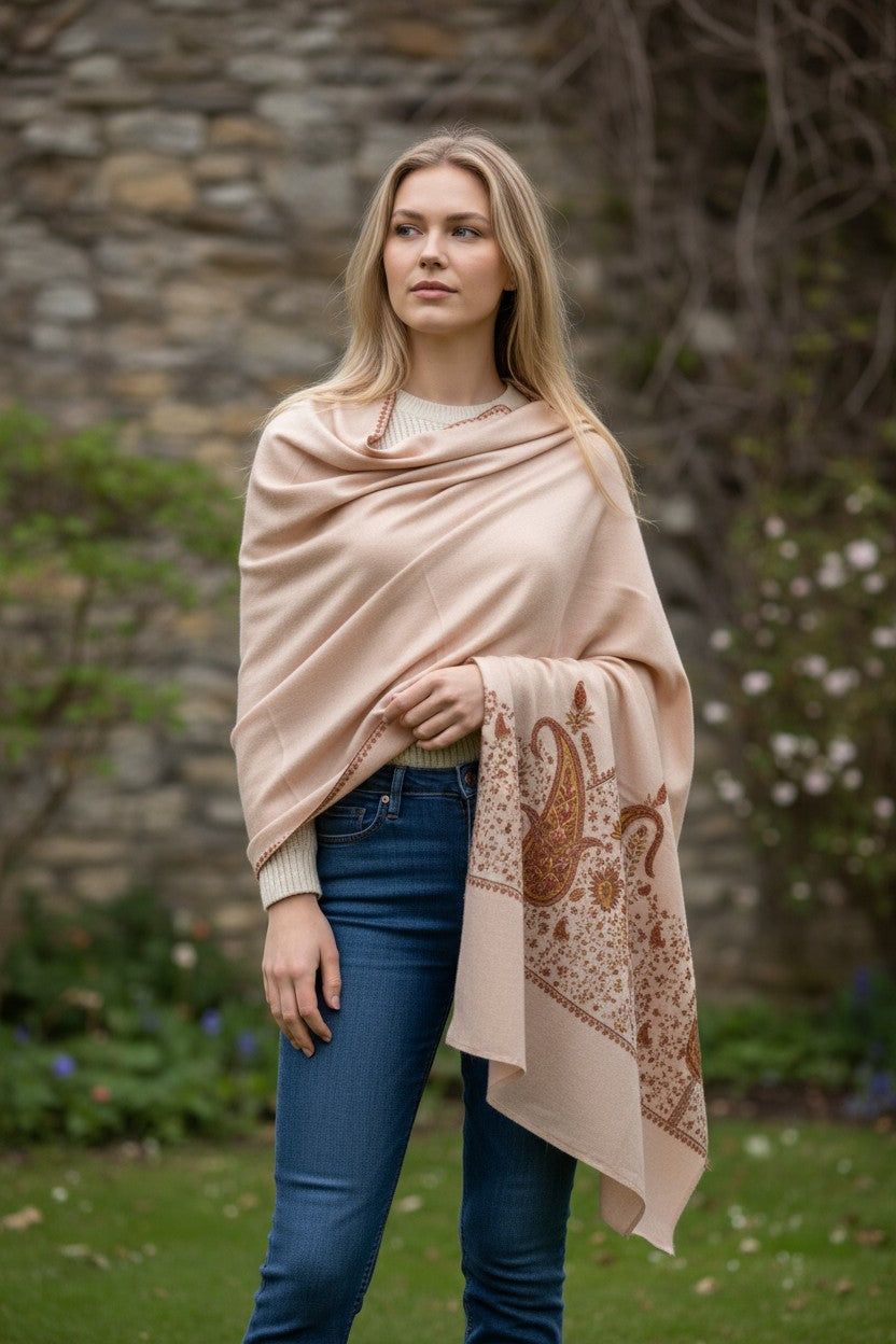 Kashmiri Woolen shawl with Embroidery | Elegant Winter Wrap | Traditional Ethnic Wear for Women - Pink