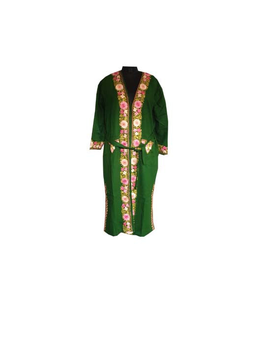 Women Woolen Nightgown Dressing Gown Maxi with Kashmiri Charming Embroidery Free Size (Wool Blend, Green-1)