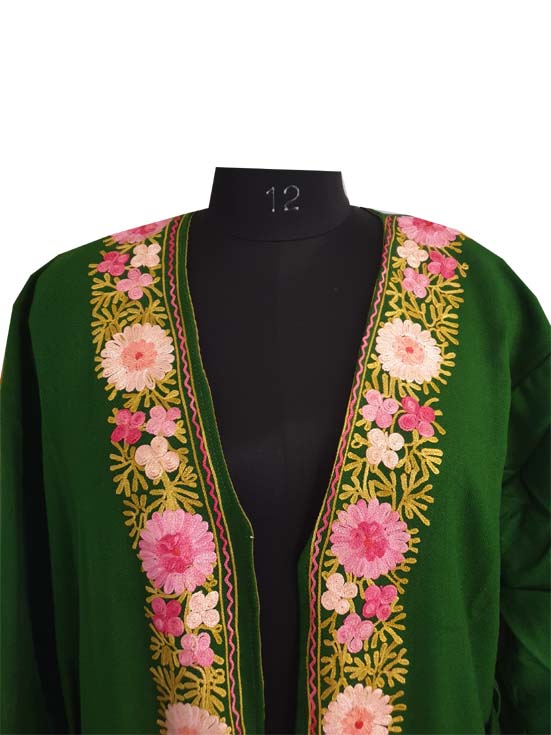 Women Woolen Nightgown Dressing Gown Maxi with Kashmiri Charming Embroidery Free Size (Wool Blend, Green-1)