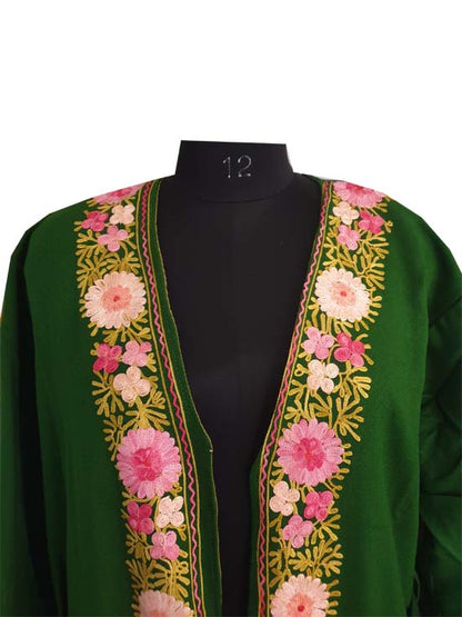 Women Woolen Nightgown Dressing Gown Maxi with Kashmiri Charming Embroidery Free Size (Wool Blend, Green-1)