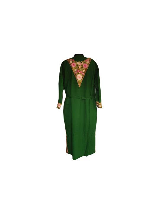 Women Woolen Nightgown Dressing Gown Maxi with Kashmiri Charming Embroidery Free Size (Wool Blend, Green-1)
