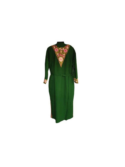 Women Woolen Nightgown Dressing Gown Maxi with Kashmiri Charming Embroidery Free Size (Wool Blend, Green-1)