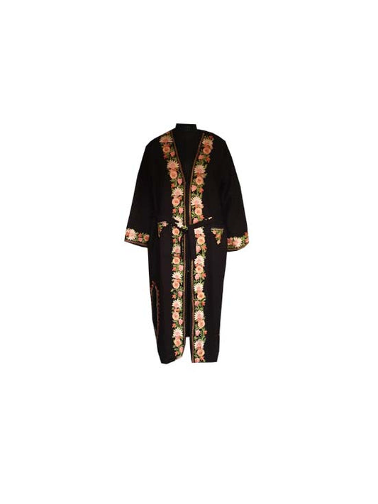 Women Woolen Nightgown Dressing Gown Maxi with Kashmiri Charming Embroidery Free Size (Wool Blend, Black-2