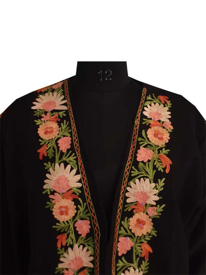 Women Woolen Nightgown Dressing Gown Maxi with Kashmiri Charming Embroidery Free Size (Wool Blend, Black-2