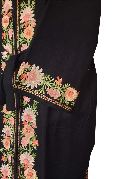 Women Woolen Nightgown Dressing Gown Maxi with Kashmiri Charming Embroidery Free Size (Wool Blend, Black-2