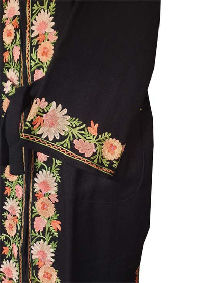Women Woolen Nightgown Dressing Gown Maxi with Kashmiri Charming Embroidery Free Size (Wool Blend, Black-2