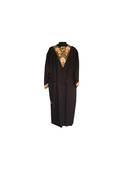 Women Woolen Nightgown Dressing Gown Maxi with Kashmiri Charming Embroidery Free Size (Wool Blend, Black-2