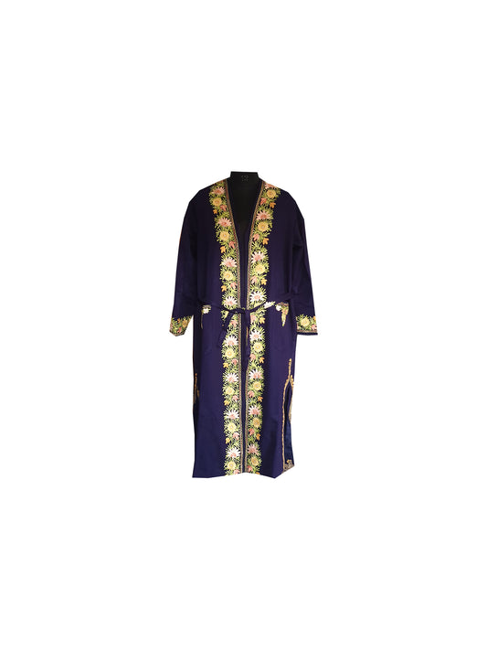 Women Woolen Nightgown Dressing Gown Maxi with Kashmiri Charming Embroidery Free Size (Wool Blend, Blue-2)