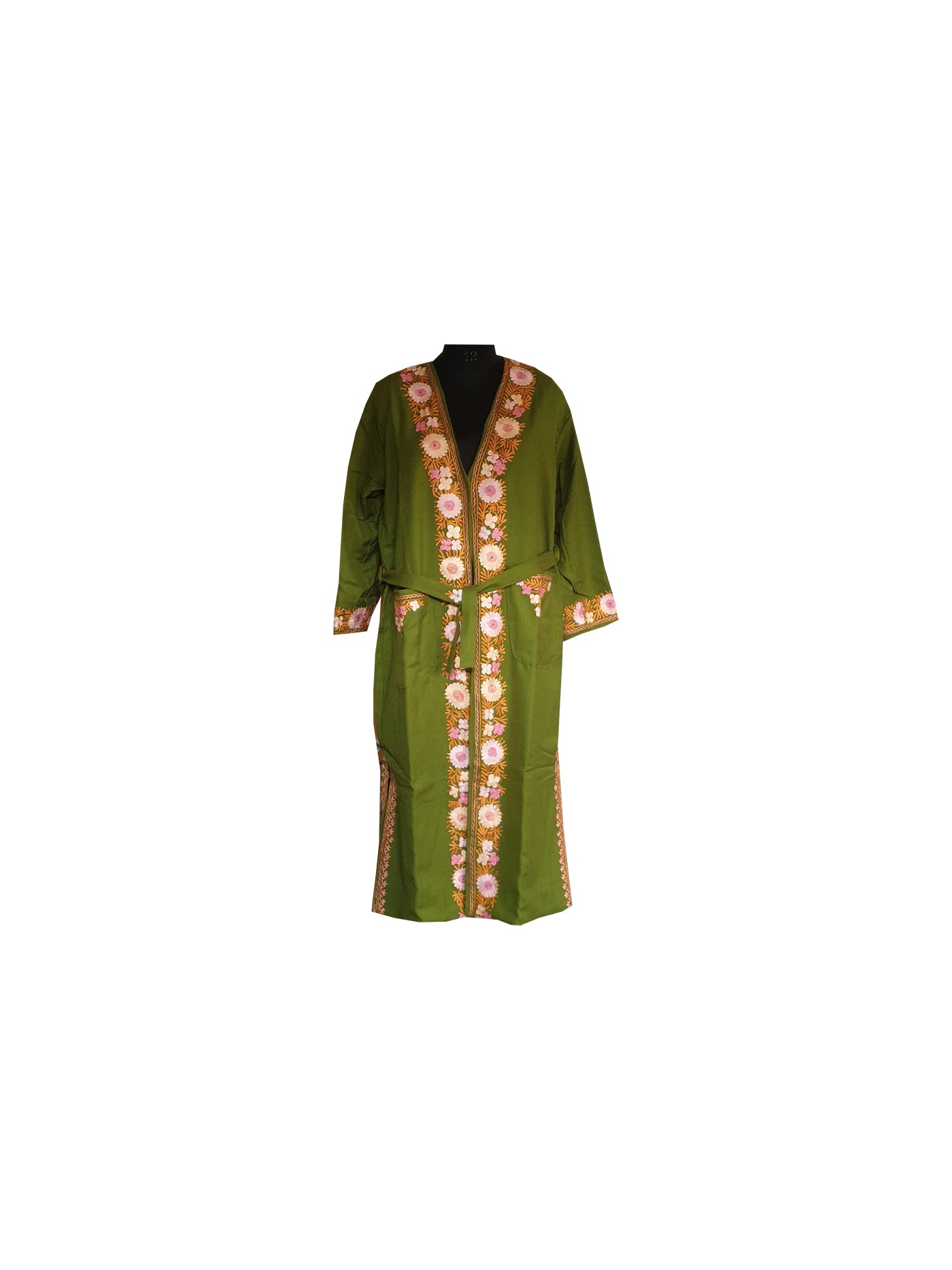 Women Woolen Nightgown Dressing Gown Maxi with Kashmiri Charming Embroidery Free Size (Wool Blend, Green-2)