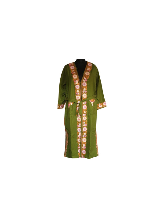 Women Woolen Nightgown Dressing Gown Maxi with Kashmiri Charming Embroidery Free Size (Wool Blend, Green-2)