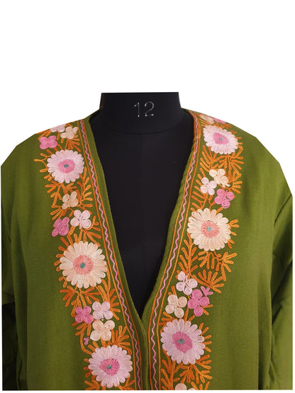 Women Woolen Nightgown Dressing Gown Maxi with Kashmiri Charming Embroidery Free Size (Wool Blend, Green-2)