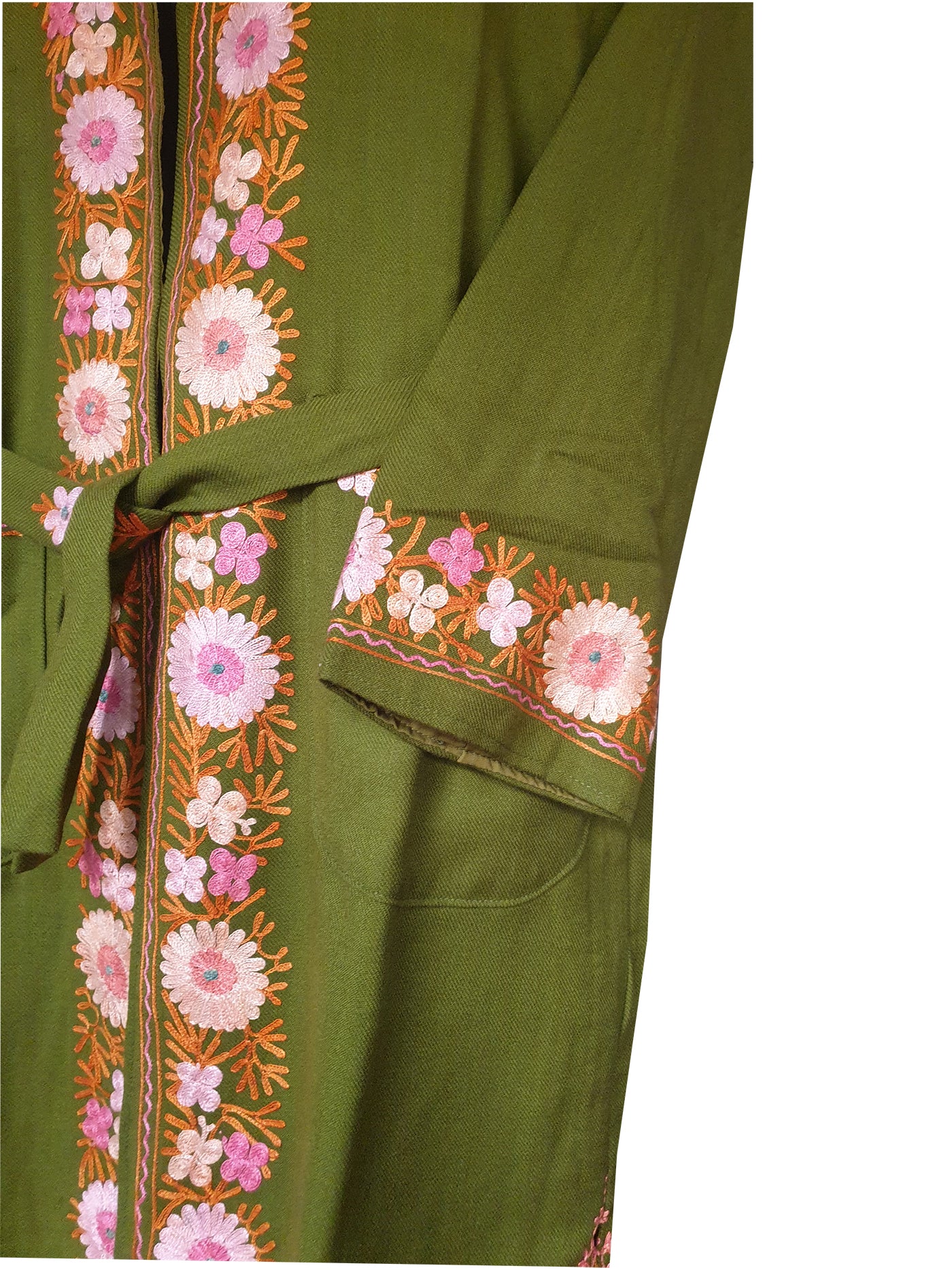 Women Woolen Nightgown Dressing Gown Maxi with Kashmiri Charming Embroidery Free Size (Wool Blend, Green-2)