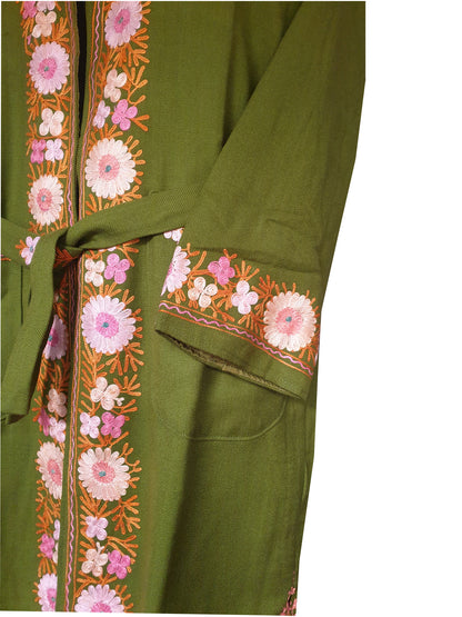 Women Woolen Nightgown Dressing Gown Maxi with Kashmiri Charming Embroidery Free Size (Wool Blend, Green-2)
