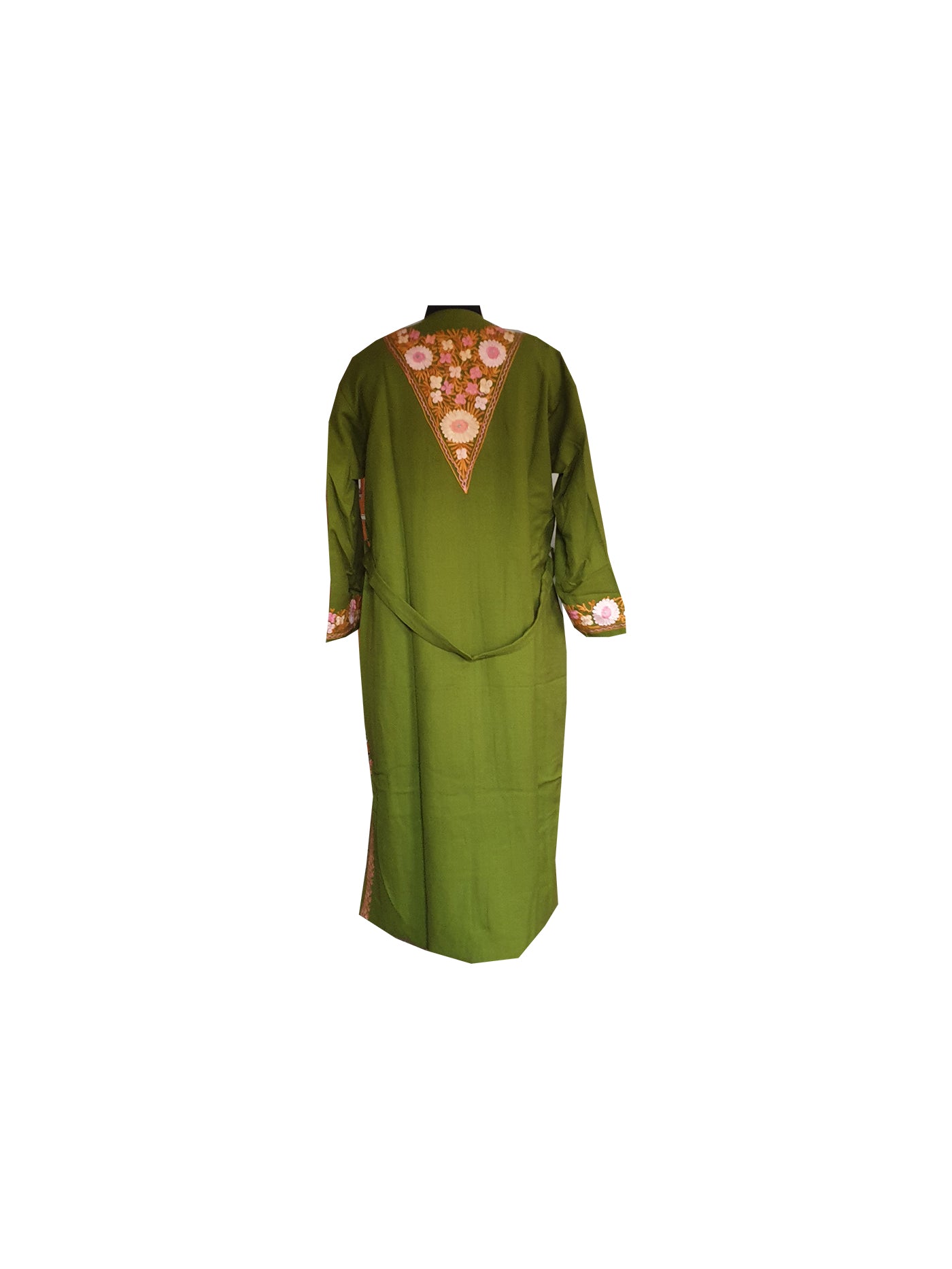 Women Woolen Nightgown Dressing Gown Maxi with Kashmiri Charming Embroidery Free Size (Wool Blend, Green-2)