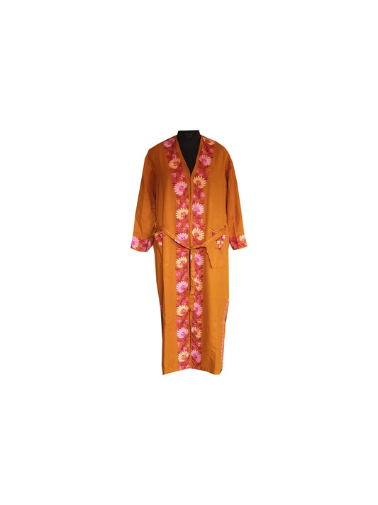Women Woolen Nightgown Dressing Gown Maxi with Kashmiri Charming Embroidery Free Size (Wool Blend, Mustard-1)