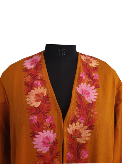Women Woolen Nightgown Dressing Gown Maxi with Kashmiri Charming Embroidery Free Size (Wool Blend, Mustard-1)