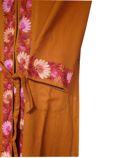 Women Woolen Nightgown Dressing Gown Maxi with Kashmiri Charming Embroidery Free Size (Wool Blend, Mustard-1)