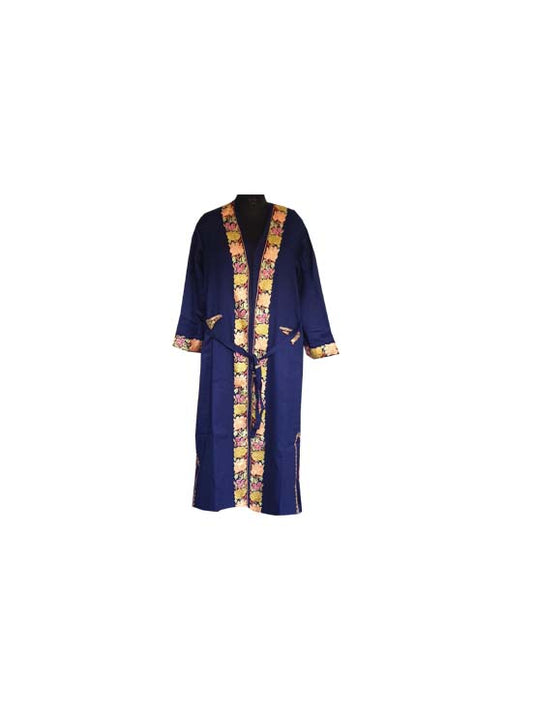 Women Woolen Nightgown Dressing Gown Maxi with Kashmiri Charming Embroidery Free Size (Pure Wool, Blue-4)