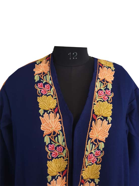Women Woolen Nightgown Dressing Gown Maxi with Kashmiri Charming Embroidery Free Size (Pure Wool, Blue-4)